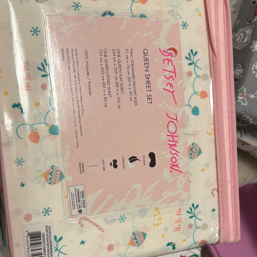 Betsey Johnson Christmas Pink and Teal Queen Sheet Set